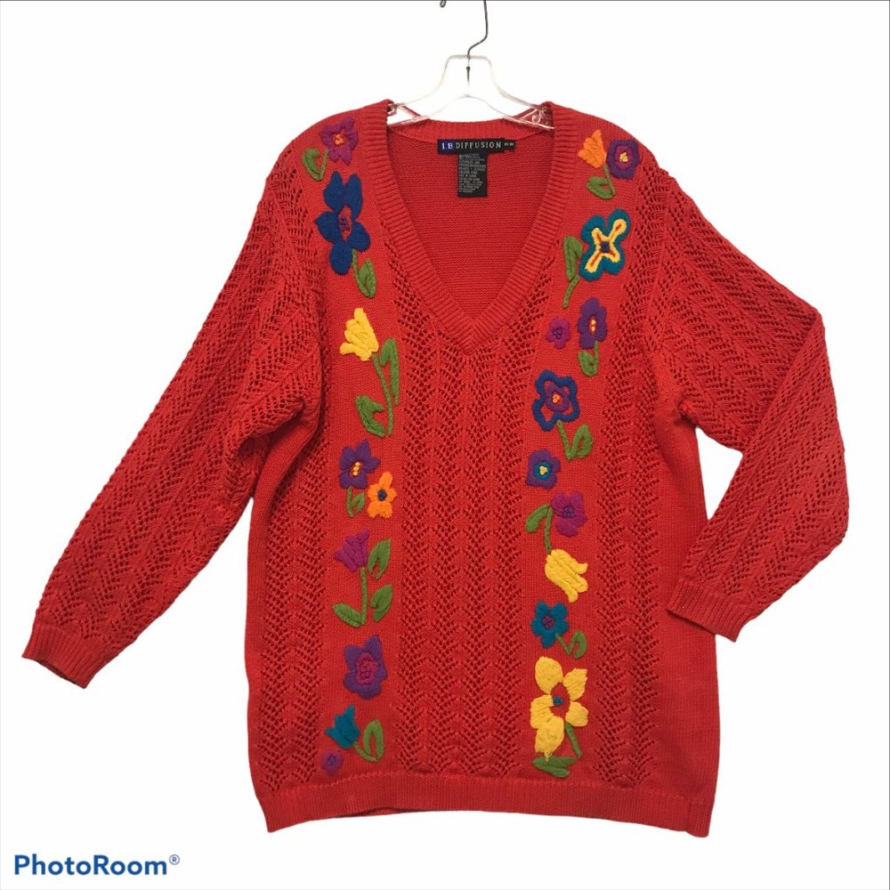 VTG Womens M Red Cotton Longline Sweater Embroidered Cottage core Y2K